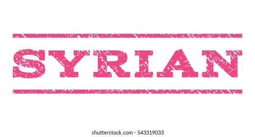 Syrian watermark stamp. Text caption between horizontal parallel lines with grunge design style. Rubber seal stamp with scratched texture. Vector pink color ink imprint on a white background.