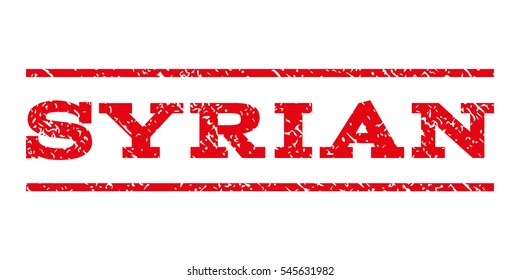 Syrian watermark stamp. Text caption between horizontal parallel lines with grunge design style. Rubber seal stamp with dirty texture. Vector intensive red color ink imprint on a white background.