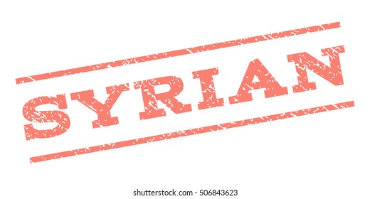 Syrian watermark stamp. Text tag between parallel lines with grunge design style. Rubber seal stamp with unclean texture. Vector salmon color ink imprint on a white background.