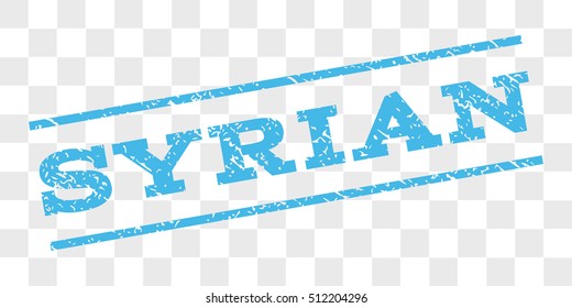 Syrian watermark stamp. Text tag between parallel lines with grunge design style. Rubber seal stamp with scratched texture. Vector light blue color ink imprint on a chess transparent background.