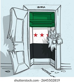 O caminho da liberdade na Síria. Ilustração política de uma porta quebrada, mas trancada, com a bandeira nacional. Uma metáfora para luta e esperança.