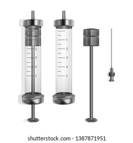Syringe 5 ml with hypodermic needle on white background, medical reusable iron syringe assembled and disassembled, Vector EPS 10 illustration