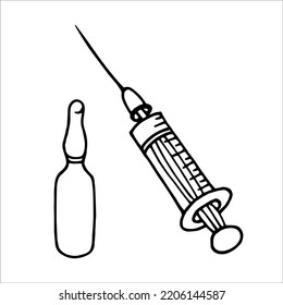 Syringe and ampoule doodle style vector illustration isolated on white background. Vaccination graphics