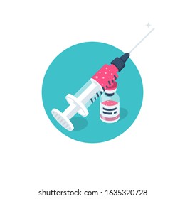 Syringe with ampoule flat icon. Vector illustration cartoon design. Plastic syringe isolated on background. Medical equipment. Element for vaccination and injections. Symbol treatment. Vitamin or drug