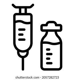Vector de contorno de icono de la ampolla de jeringa. Medicamento vacunal. Botella médica