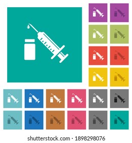 Syringe with ampoule multi colored flat icons on plain square backgrounds. Included white and darker icon variations for hover or active effects.