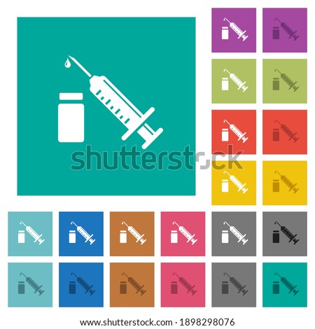Syringe with ampoule multi colored flat icons on plain square backgrounds. Included white and darker icon variations for hover or active effects.