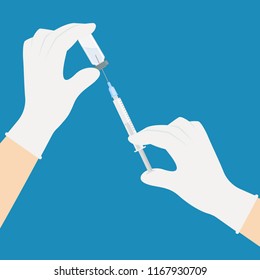 Syringe and ampoule with vaccine in the hands of a doctor. Injection of flu shot, anesthesia, beauty injection. Vector