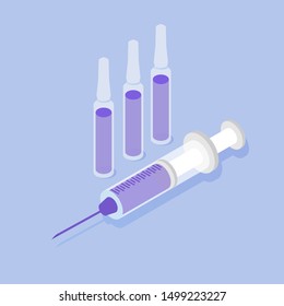 Syringe and ampoules isometric icon. Vector illustration.