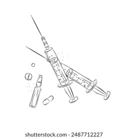 Syringe, ampoules and pills composition drawing in graphic style on white background