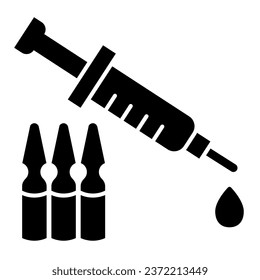 Syringe and ampoules solid icon. Covid-19 vaccine glyph style pictogram on white background. Antivirus injection for mobile concept and web design. Vector graphics