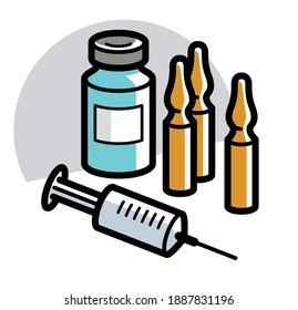 Syringe And Ampules Vaccine Or First Aid Concept Vector Illustration Isolated On White, Injection Vaccination Against Virus, Antidote Or Painkiller.