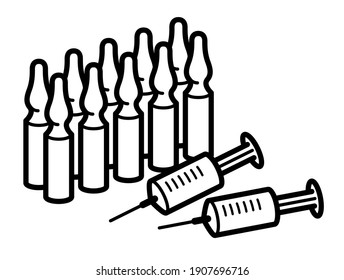 Syringe and ampules vaccine or first aid concept vector illustration isolated on white, injection vaccination against virus, antidote or painkiller.