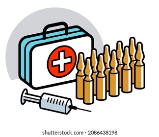 Syringe and ampules vaccine or first aid concept vector illustration with medical kit isolated on white, injection vaccination against virus, antidote or painkiller.