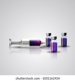 Syringe with antidote bottles: Utensils for antidote on gray and white background with reflections. Vector image