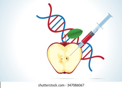 syringe with apple and dna molecule, GMO concept