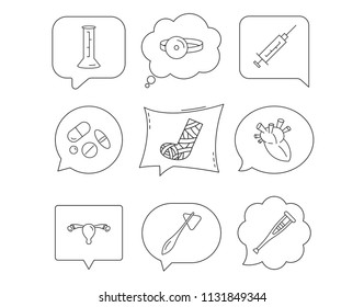 Syringe, beaker and pills icons. Crutch, medical hammer and mirror linear signs. Heart, broken leg and uterus ovary icons. Linear Speech bubbles with icons set. Comic chat balloon. Vector