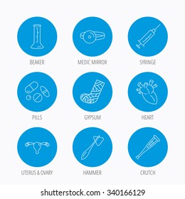 Syringe, beaker and pills icons. Crutch, medical hammer and mirror linear signs. Heart, broken leg and uterus ovary icons. Blue circle buttons set. Linear icons.