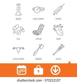 Syringe, beaker and pills icons. Crutch, medical hammer and mirror linear signs. Heart, broken leg and uterus ovary icons. Download arrow, locker and calendar web icons. Vector