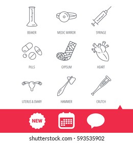 Syringe, beaker and pills icons. Crutch, medical hammer and mirror linear signs. Heart, broken leg and uterus ovary icons. New tag, speech bubble and calendar web icons. Vector