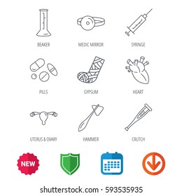 Syringe, beaker and pills icons. Crutch, medical hammer and mirror linear signs. Heart, broken leg and uterus ovary icons. New tag, shield and calendar web icons. Download arrow. Vector