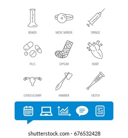 Syringe, beaker and pills icons. Crutch, medical hammer and mirror linear signs. Heart, broken leg and uterus ovary icons. Report file, Graph chart and Chat speech bubble signs. Vector