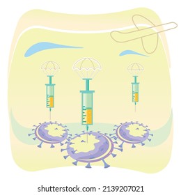 Syringe being dropped from an airplane Vaccination concept Vector