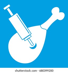 Syringe being injected to a piece of meat icon white isolated on blue background vector illustration