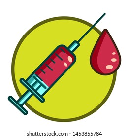 A syringe with blood inside and a drop of blood. The icon on the topic of analysis, testing, science, medicine.