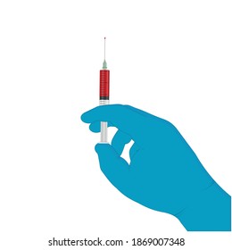 Spritze mit Bluttest in der Hand des Arztes, farbige einzelne Vektorgrafik in flachem Stil zum Thema Medizin, Clipart, Banner, Logo, Symbol, Zeichen