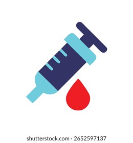 Seringa com elementos azul escuro azul uma gota de sangue vermelho na agulha para injeção