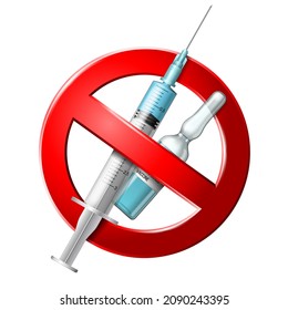 Syringe with blue liquid and ampoule with forbidding sign. Symbol of protest against vaccination. Vector illustration isolated on white background