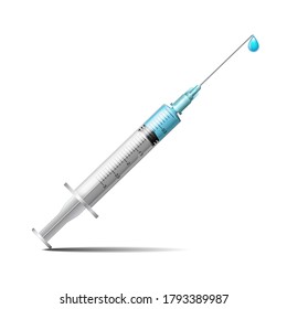 Syringe with blue liquid. Syringe with needle for medical drug injection, vaccine for care and treatment. Realistic Vector illustration isolated on white background