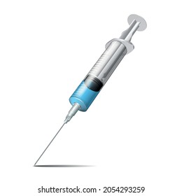 Syringe with blue liquid. Syringe with needle for medical drug injection, vaccine for care and treatment. Realistic Vector illustration isolated on white background