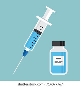 Syringe With Blue Vaccine, Vial Of Medicine On Green Background. Vector Illustration