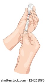 Syringe and bottle in hands. Vector illustration.