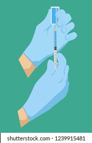Syringe and bottle in hands. Vector Realistic pharmaceutical set transparent bottle and ampoule. 