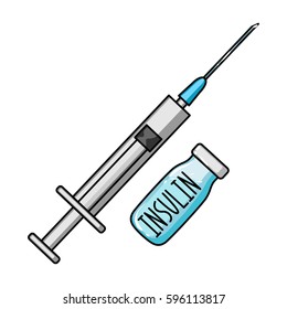 The syringe and bottle of insulin.Medicines for the treatment of diabetes.Diabetes single icon in cartoon style vector symbol stock illustration.