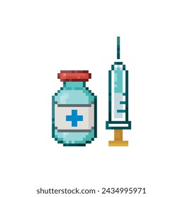 Syringe and bottle with liquid, pixel art object