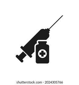 Syringe with bottle of vaccine vector in simple black style isolated on white background