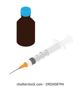 Syringe and brown vaccine bottle with blue screw cap. For medicine, syrup, pills, tabs. Packaging collection. Medical equipment
