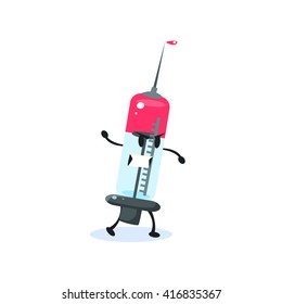 Syringe Cartoon Character  Simple Flat Vector Drawing In Childish Fun Style Isolated On White Background
