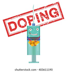 Syringe character with gold medal. Doping red stamp. 