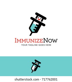 Syringe character logo or icon design. Concept for immunizations, medicine or pharmacy. Vector illustration.