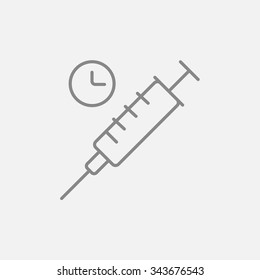 Spritze mit Uhrzeilensymbol für Web-, Mobil- und Infografiken. Vektorgrafik, dunkelgraues Symbol einzeln auf hellgrauem Hintergrund.