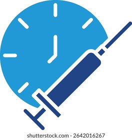 Syringe and clock time icon to symbolize injection effect duration schedule, vaccination time, immunization, or injection reminder