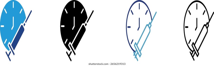 Ícone da hora da seringa e relógio para simbolizar o esquema de duração do efeito da injeção, o tempo de vacinação, a imunização ou o lembrete da injeção
