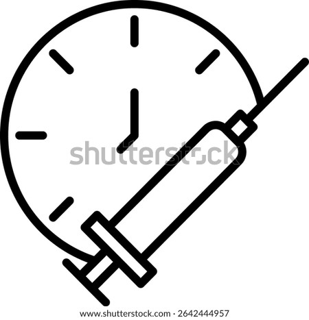 Syringe and clock time icon to symbolize injection effect duration schedule, vaccination time, immunization, or injection reminder