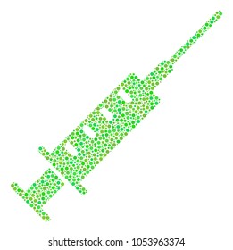 Syringe collage of small circles in various sizes and ecological green color tints. Round dots are composed into syringe vector mosaic. Organic vector design concept.