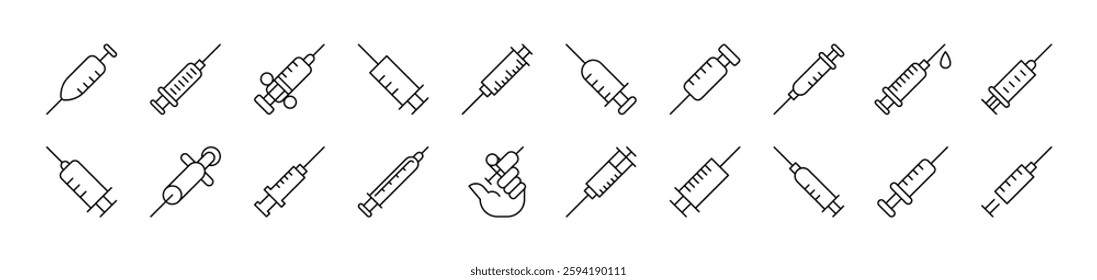 Syringe Collection of Thin Icons. Editable Stroke. Suitable for Web Sites, Books, Cards, Apps